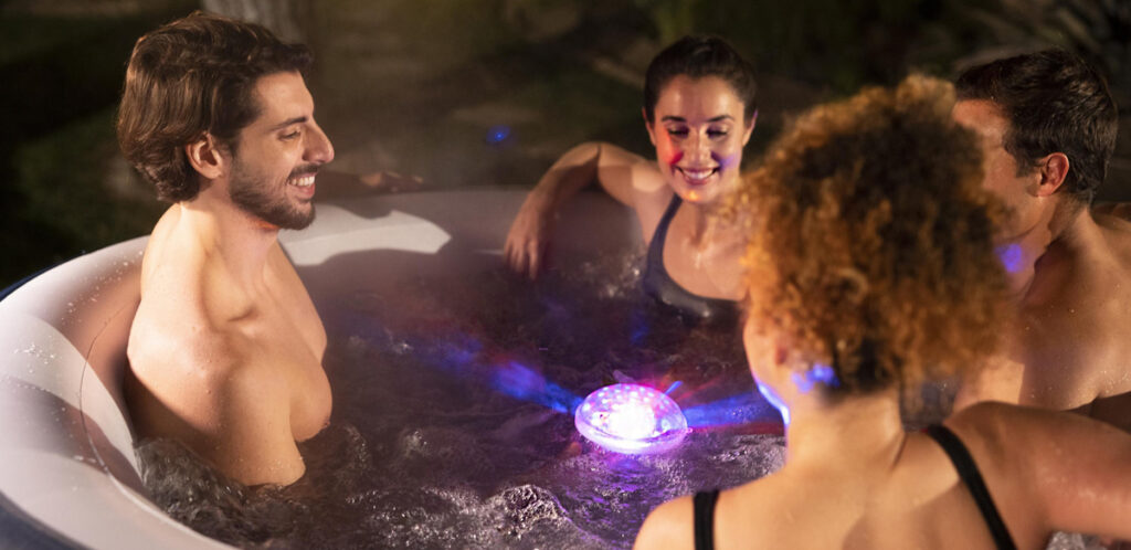 Inflatable hot tub with LED Lights. The ultimate hot tub accessory is included for free with this Lay-Z-Spa.  
